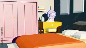 3D low poly animation cartoon, cozy interior in the house, rotating fan, sunlight coming in from the open window. animation loop