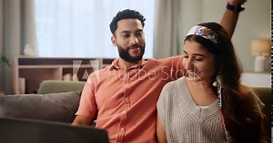 Hug, smile and indian couple watching tv on sofa in living room of home together for subscription entertainment. Happy, love or relax with man and woman streaming movie or video in apartment