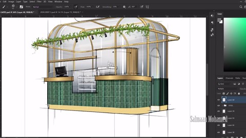 Cafe Kiosk Design — Concept Design Sketching in Photoshop, Architectural Sketching, How to Draw