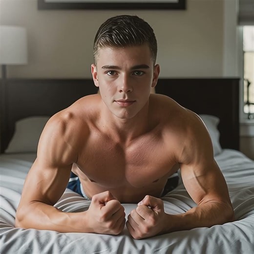 Cute muscle boy flexes his bicep whilst laying on his bed. Ai muscles, #aesthetic #motivation