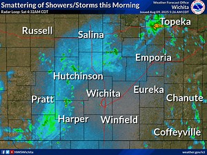 [5:28am Radar Loop]: A smattering of showers and thunderstorms will impact central and eastern Kansas this morning. Strong or severe storms are not expected. | US National Weather Service Wichita Kansas