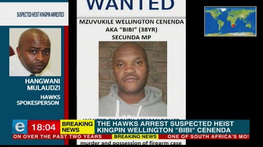 WATCH: One of South Africa's most wanted suspected cash-in-transit (CIT) heist kingpins, Wellington "Bibi" Cenenda has been arrested according to police. Hawks Spokesperson Brigadier Hangwani Mulaudzi responds to this on News Night. Courtesy DStv403 | eNCAnews