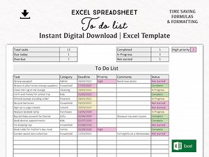To Do List Excel Spreadsheet | Digital Download Excel Template | Digital to Do List Printable | Task List | Excel Sheet - Etsy