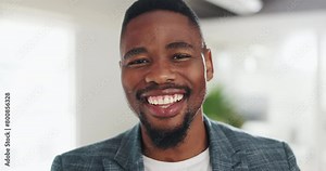 Face, smile and black man in office, business and employee with lens flare, startup and creative agency. African person, entrepreneur and consultant with happiness, career ambition and confidence