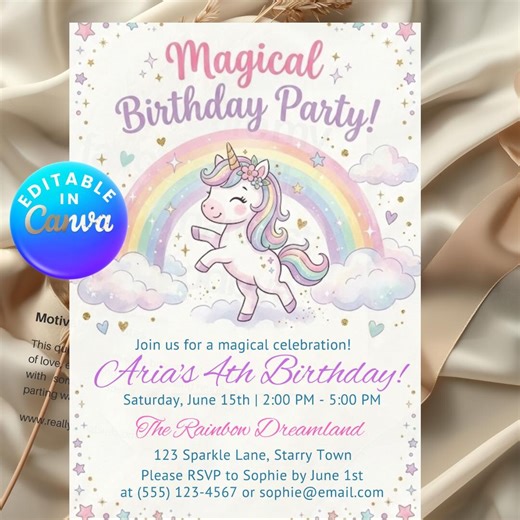 Unicorn Birthday Party Invitation Print, Rainbow Light Purple Green Unicorn Magical Theme for Kids, Digital Sparkle Editable Canva Invite - Etsy