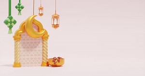 3D Golden Crescent Moon and Lanterns for Ramadan Eid Celebration