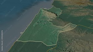 Haifa, district with its capital, zoomed and extruded on the relief map of Israel in the conformal Stereographic projection. Animation 3D