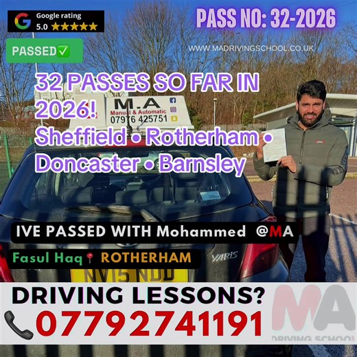 32 PASSES SO FAR IN 2026 🚗🔥 Sheffield • Rotherham • Doncaster • Barnsley Want to be next? 📞 07792 741191 Manual & Automatic available #DrivingLessonsYorkshire #learner #PassedMyTest #UKLearners