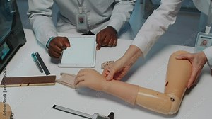Unrecognizable co-workers in white coats designing prosthetics using hi-tech software and programmes