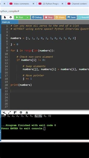 Move All Zeros to End Without Extra Space | Python Interview Question