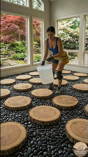Satisfying Floor Build: Natural Wood Rounds in Pebble Sea 🪵⚫ #shorts #trending #viral
