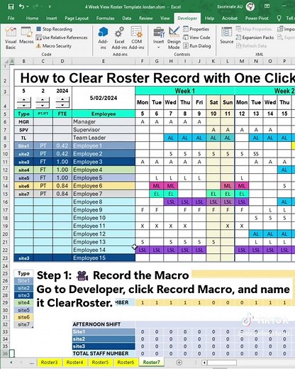 Clear your old roster with one click! This Excel macro tutorial shows you how to record a macro, assign it to a button and instantly reset a 4‑week shift schedule. Pair it with our excel roster template to automate payroll, track leave and keep staff planning organised. Save & follow for more Excel tips! #excel #exceltutorial #exceltemplate #shiftplanner #exceltips