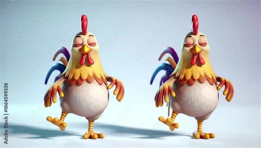 Two cartoon chickens dancing together in a playful scene.