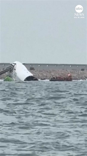 1M views · 7.9K reactions | Two people were killed after a Boeing 747 cargo plane skidded off the runway after arriving at Hong Kong International Airport and landed in the sea, according to airport authority. The people killed were not aboard the plane, but were in a patrol car that fell off the runway at the same time as the aircraft. Read more: https://abcnews.visitlink.me/6MhRMi | ABC News | Facebook