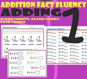 Addition Fact Fluency – Adding 1 - Flash & Task cards, Worksheet Activities