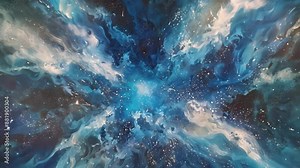 A painting featuring a swirling pattern in shades of blue and white, Paint a cosmic scene with shades of blue exploding outwards like a supernova