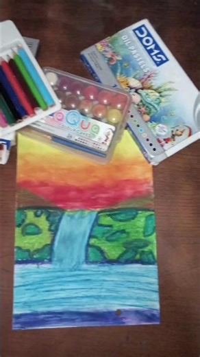 🌅 Beautiful Waterfall Scenery Drawing | Easy Oil Pastel Landscape for Beginners