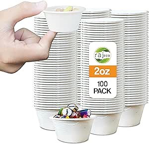 Raj Eco 2 oz Compostable Portion Cups - Pack of 100 Eco-Friendly Souffle Cups for Condiments and Samples - 100% Biodegradable- White