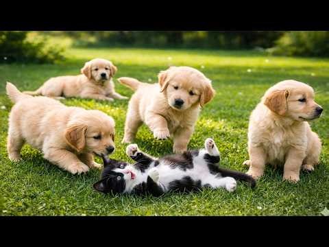 Beautiful dogs playing with kittens in a grassy field - Dog barking sounds - Dog videos
