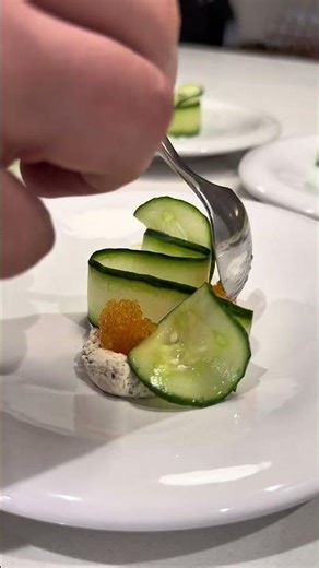 Gravlax Salad with Dill Crème Fraiche, Compressed Cucumbers, Whitefish Roe #chef #shimaaji #caviar