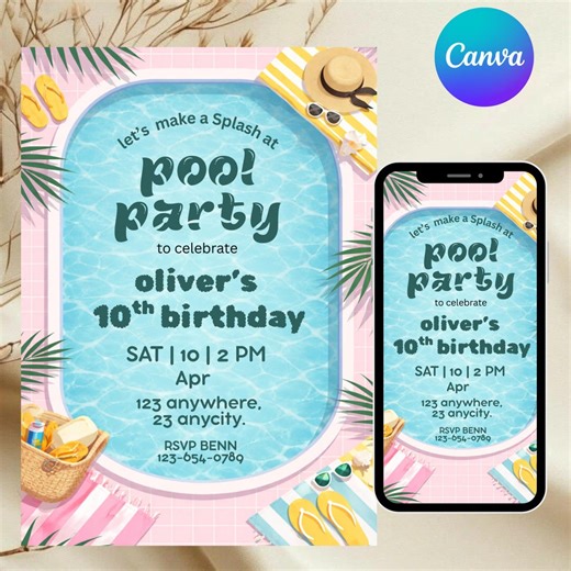Pool Party Birthday Invitation, Swim Party Invite, Retro Summer Pool Party, Tween Girl Birthday, Canva Template, DIY Text, Instant Download - Etsy