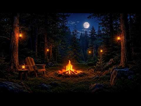 Moonlit Forest Campfire Ambience | Sleep Fast with Fire Sounds for Deep Sleep | ASMR Nature