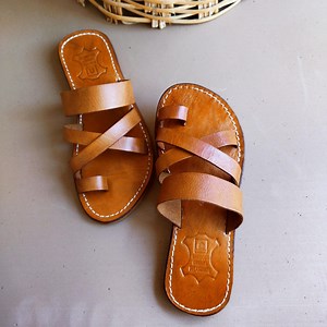 Handmade Leather Slide Sandals for Women – Genuine Brown Leather Slippers , Moroccan Flat Slip-on - Etsy