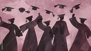 silhouettes of students throwing mortarboards. graduation. Animations
