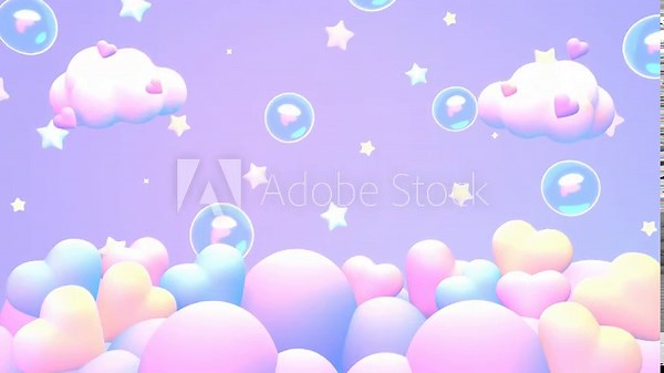 Looped cartoon hearts on the clouds with flying stars and bubbles in the purple sky animation.