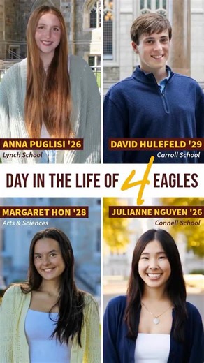Boston College on Instagram: "4️⃣ Eagles, 4️⃣ Schools, 1️⃣ Day #bc360 #Dayinthelife #BostonCollege #DITL Photos: Anna Puglisi ’26, @annas.eagle.eye; Julianne Nguyen ’26, @jynphotoalbum; David Hulefeld ’29, @davids.daily; Margaret Hon ’28, @snapsbymarg"