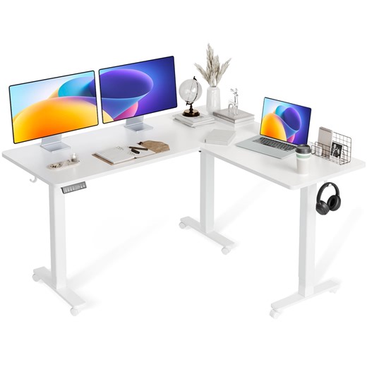 INNOVAR L Shaped Standing Rolling Desk - 63x55 inch Adjustable Height Electric Dual Motor Corner Desk - Large Home Office Sit to Stand up Computer Desk for 2 People W/Preset Memories, White