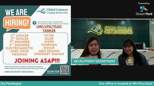 GLOBAL GATEWAY CREWING SERVICES INC. is URGENTLY HIRING MAIN OFFICE: 9th Floor East Tower, Unit 905B-910B, 8912 Asean Avenue Bldg. Aseana City, Parañaque CEBU BRANCH: 4th Floor, Room 407, CDC Bldg. 1, Osmeña Blvd. Cebu City ILOILO BRANCH: 3rd Floor, Unit 306A Perpetual Succor Business Centre, 38 San Agustin Jalandoni St., Iloilo City DMW-278-SB-09112025-R-MLC https://gloculus.globalseaways.com/Gloculus/onlineapplication.php No fees to be collected and beware of illegal recruiters! � New to strea
