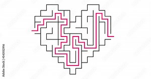 4k animated heart shaped maze on transparent background with red path of solution. Love labyrinth for valentine's card, wedding video invitation. Black line ( Alpha channel). Abstract romantic design
