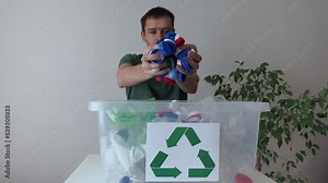 Man sorting plastic caps and lids recyclable materials for recycling. Concept of environmental pollution and eco friendly behavior