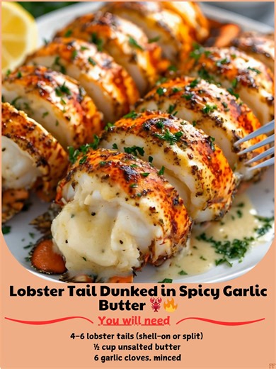 Lobster 📣 Tail Dunked in Spicy Garlic Butter 🦞🔥 Seafood showstopper, spicy garlic butter, buttery flavor explosion, quick seafood fix, dipping dream, bold flavor, fancy vibes, flavor-packed indulgence. 📝 Ingredients : 4–6 lobster tails, shell-on or split 1/2 cup unsalted butter 6 garlic cloves, minced ..... Full Recipe in Coʍmеոτ 💬 😊 | Family Meal Recipes