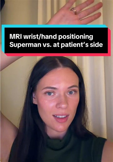 MRI wrist/hand positioning. Superman vs. at patient’s side I give my patients the option. I tell them. We can scan you on your belly with your hand above your head, on your back with your hand above your head, or on your back with your hand at your side. I see what the patient feels comfortable with. You are always going to get a better scan when your patient is comfortable and you take the time to get them comfy. #mri #wrist #hand #superman #positioning