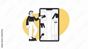Choosing clothes online bw animation. Animated woman putting outfits together in app 2D flat monochromatic thin line character. 4K video concept footage with alpha channel transparency for web design