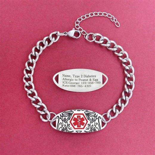 Personalized Medical Alert ID Bracelet | Stainless Steel Emergency Ice Bracelet With Red EMS Symbol Custom Medical ID Anti-loss Safety Gift - Etsy