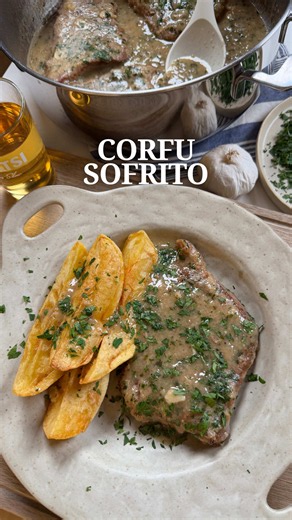 Sofrito is one of Corfu’s most beloved traditional dishes, with clear Venetian influences. Thin slices of beef are lightly floured and cooked slowly in a fragrant sauce of garlic, parsley, white wine, and vinegar until beautifully tender. Simple ingredients come together to create a wonderfully rich and aromatic dish. Ingredients • 2.6 lb (1.2 kg) beef rump, cut into slices about ⅓–½ inch (1 cm) thick • 6 garlic cloves, thinly sliced • ½ bunch fresh parsley, leaves only, finely chopped • ⅓ cup (