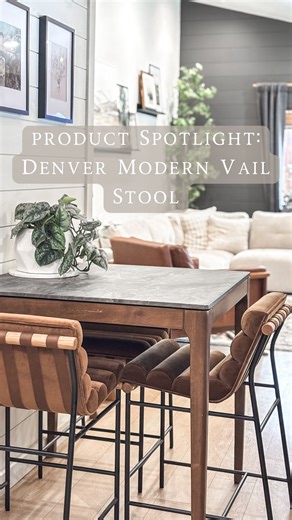 Hannah Joyce | Home Design & DIY on Instagram: "I decided to try a high-top dining table in this space, and it’s one of my favorite layout changes. It gives the room a more open feel, takes up less visual space, and is such a good option for smaller or multifunctional areas. But the real star is the cognac velvet counter stool from @denver_modern. I’ve been eyeing for years and always loved the unique design. And they did not disappoint! The craftsmanship is next level—from the oak dowel to stee