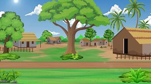 Cartoon village with houses and trees