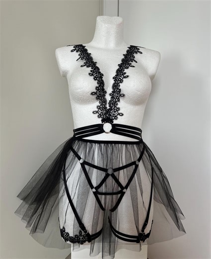 Black Harness Lingerie Set, Open Bust Bra and Crotchless Panty, Strappy Fetish Outfit, Bondage Style Underwear, Erotic Cage Bra Set - Etsy