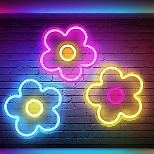 Baquler 3 Pcs Flower Neon Sign Light up Flower Sign Retro Neon LED Lights USB Powered for Wall Decor Window Bedroom Home Girls Birthday Party Decoration, 9 x 9 Inches(Classic)
