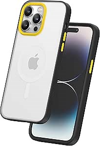 FLOLAB Surtect Tri-Fusion Magnetic for iPhone 14 Pro Phone Case Protective Slim Design Magsafe Compatible Military Grade Black Frame Matt Translucent Soft-Touch - Cyber Yellow