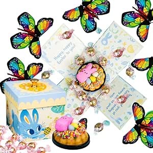 SendaCake Blue Bunny Bundle Explosion Flying Butterfly Surprise - 12 pcs. Neapolitan Chocolate LINDOR Truffles & 3" Bunny Cake for Delivery - Gift for All Ages
