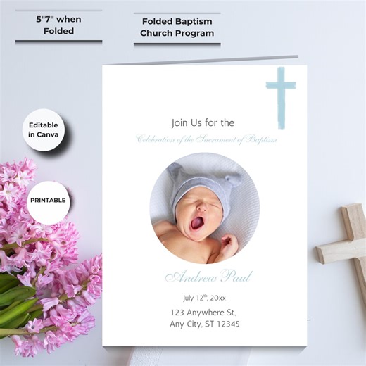 Blue Cross Baptism Program Template | Catholic Ceremony (canva Editable, 5x7, Digital Download) - Etsy