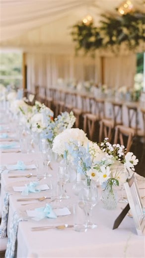 Katie | Oxfordshire and Cotswold Wedding Planner on Instagram: "The only blue we love on Blue Monday If you’re in the midst of wedding planning, look no further than timeless blue tones this Blue Monday. J&D chose a soft, delicate blue palette paired with a breathtaking hanging floral installation with every small detail designed to complement their celebration. Hit your creative wedding wall? Let’s chat and bring your vision to life. Photographer @lucy_davenport Flowers @flowersbykirsty Station
