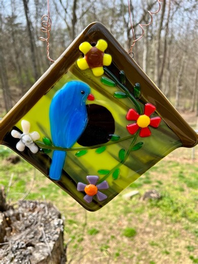 Fused Glass Bird House Suncatcher: Handmade Bluebird Garden Art - Etsy