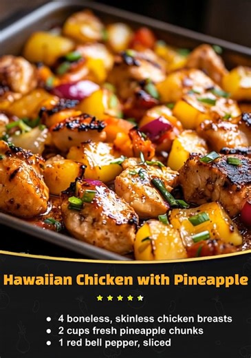 Hawaiian Chicken Sheet Pan 😋 → Main Ingredients 2 lbs chicken breast, cut into 1-inch cubes 1 bell pepper (any color), chopped into 1-inch pieces 1 red onion, chopped into 1-inch pieces 2 cups pineapple chunks (fresh or canned, drained if using canned) Recipe in First Coʍmеոτ 👇 Enjoy ❤️👇 | Tasty American Kitchen