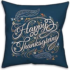 Happy Thanksgiving Script Throw Pillow | Decorative Pillows for Living Room Couch Bed Sofa, Fluffy Soft Cushion | Blue, 18x18